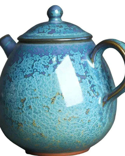 Floating Blue Jade Dragon Teapot with Crystal Handle and Gold Accents - Luxury Yuzhou Junyao Tea Set
