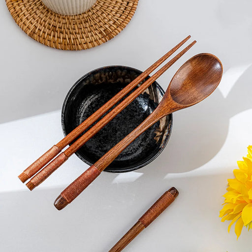 Japanese Wooden Spoon Duo - Elegant Tableware for Rice, Soup, Dessert, and More