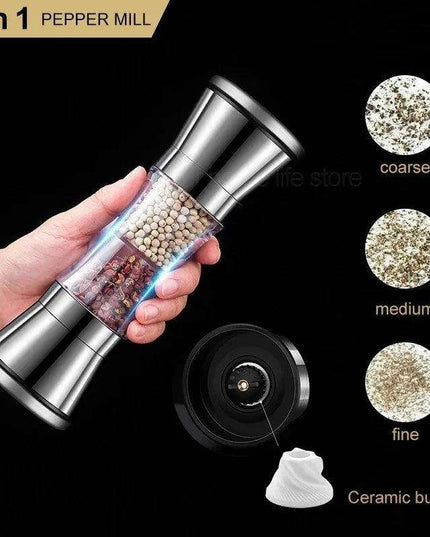 Stainless Steel Dual-Head Spice Grinder with Oversized Storage Compartment