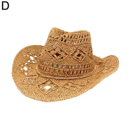 Stylish Handwoven Cowboy Straw Hat for Summer Outdoor Activities - Breathable Wide Brim Sun Protection Cap for Men and Women