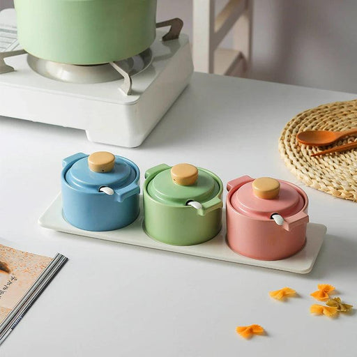 Sophisticated Ceramic Spice Organizer Set - Stew Cup, Oil Dispenser, and Sauce Holder
