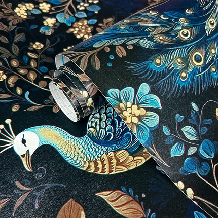 Blue Peacock Floral Peel & Stick Wallpaper — PVC, 45 cm Wide