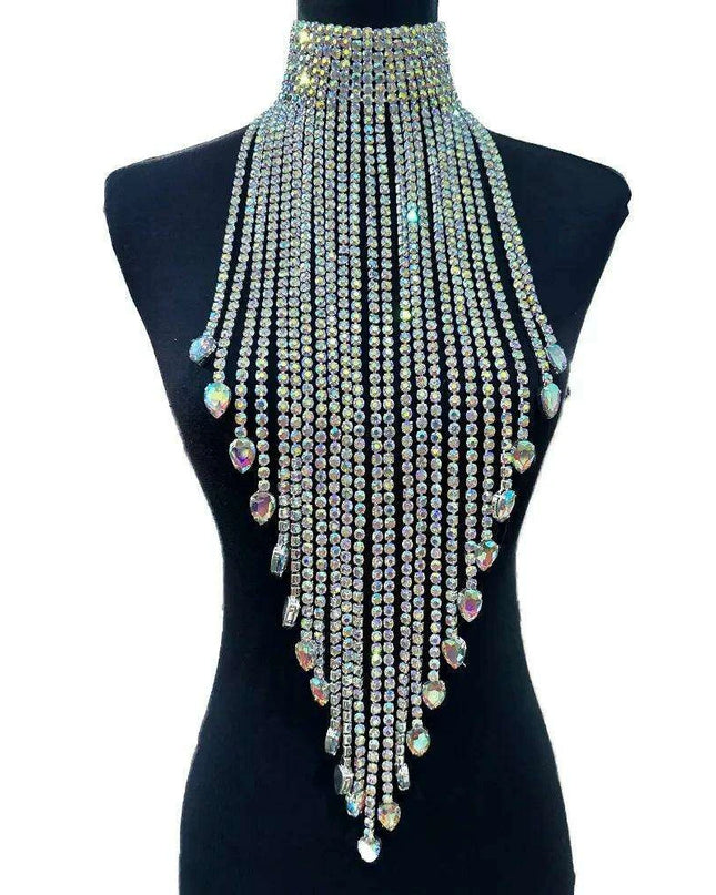 Radiant Rhinestone and Glass Gemstone Tassel Choker Necklace - Crystal AB Silver Elegance