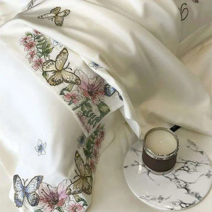 Luxury Butterfly Floral Embroidery Duvet Cover Set - Soft Lyocell Eucalyptus Fiber Bedding with Pillowcases and Flat Sheet