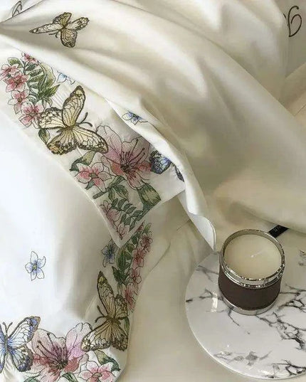 Luxury Butterfly Floral Embroidery Duvet Cover Set - Soft Lyocell Eucalyptus Fiber Bedding with Pillowcases and Flat Sheet