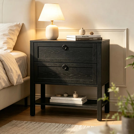 CHYANMOO Nightstand with USB Ports & AC Outlets - 2-Drawer Wooden Tabl