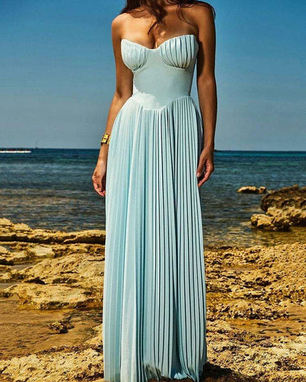 Glamorous Off-Shoulder High Waist Pleated Maxi Dress - Backless Bodycon Long Gown for Women