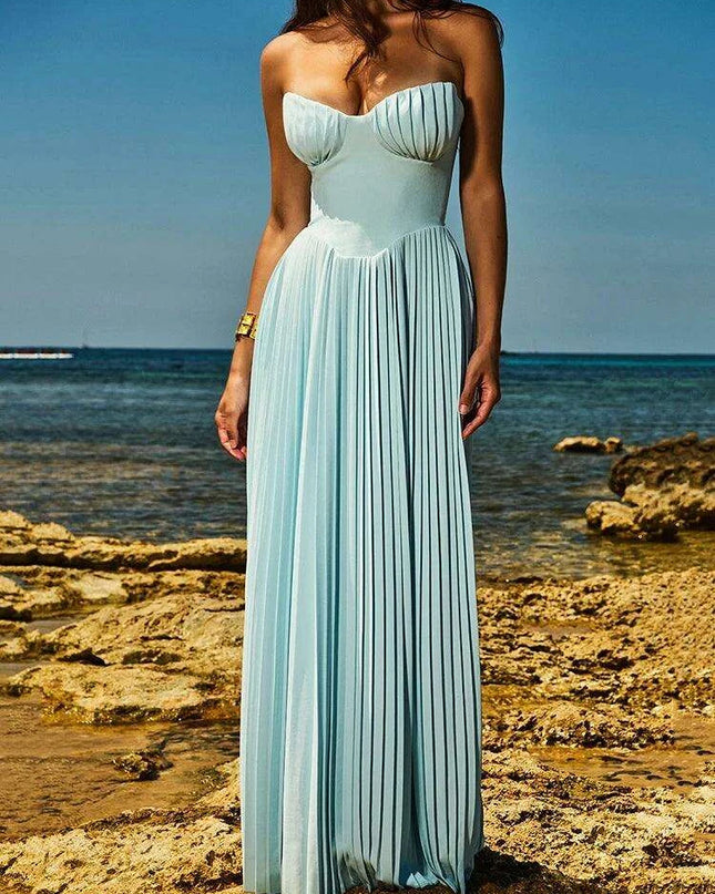 Glamorous Off-Shoulder High Waist Pleated Maxi Dress - Backless Bodycon Long Gown for Women
