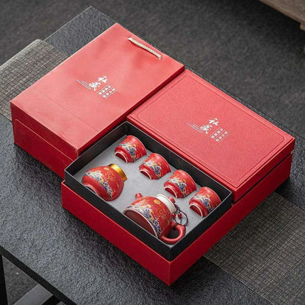 Elegant Chinese Kung Fu Tea Ceremony Set with Teapot and Four Cups in Luxurious Gift Box