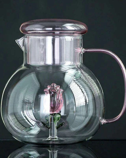 Elegant Rose Floral Glass Cold Brew Teapot - Stylish and Heat-Resistant Design with Ergonomic Handle for Entertaining