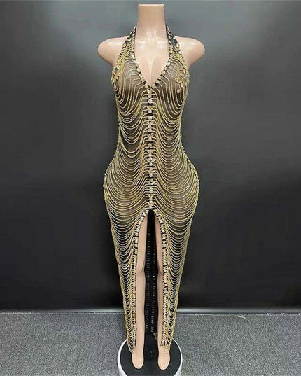 Radiant Night Halter Evening Dress with Sparkling Diamond Details