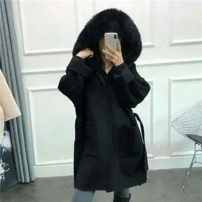 Elegant Women's Wool Blend Winter Coat with Fox Fur Trim and Cashmere Lining