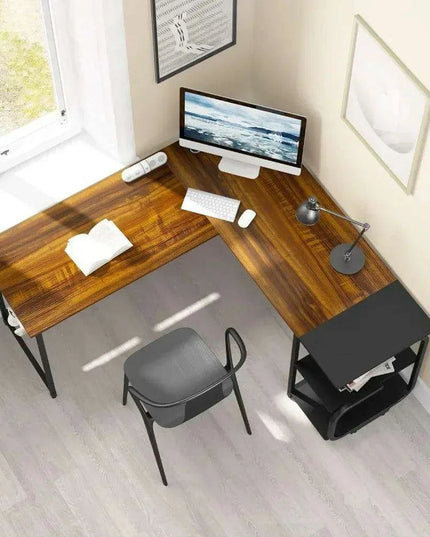 Teak Finish Corner L Desk with Adjustable Shelves for Home Office and Living Space