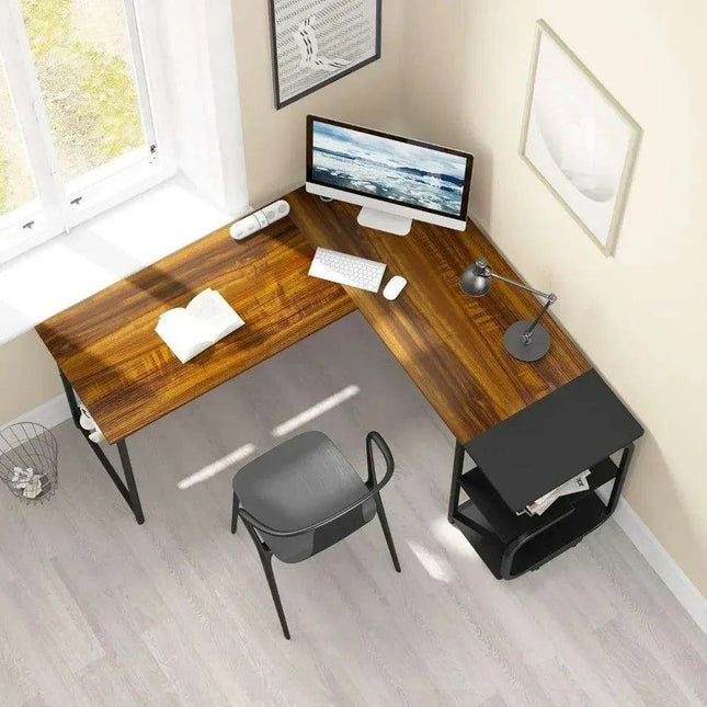 Teak Finish Corner L Desk with Adjustable Shelves for Home Office and Living Space