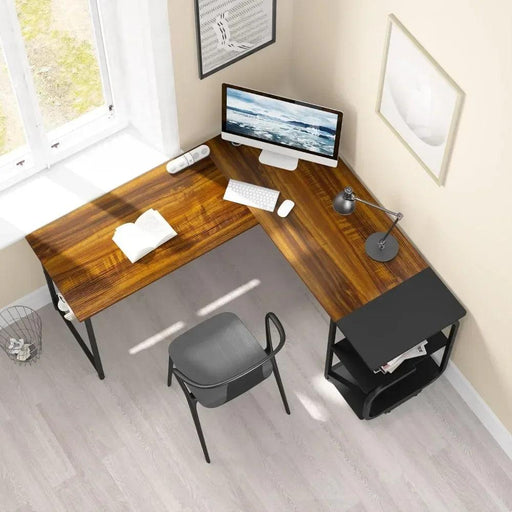 Teak Finish Corner L Desk with Adjustable Shelves for Home Office and Living Space