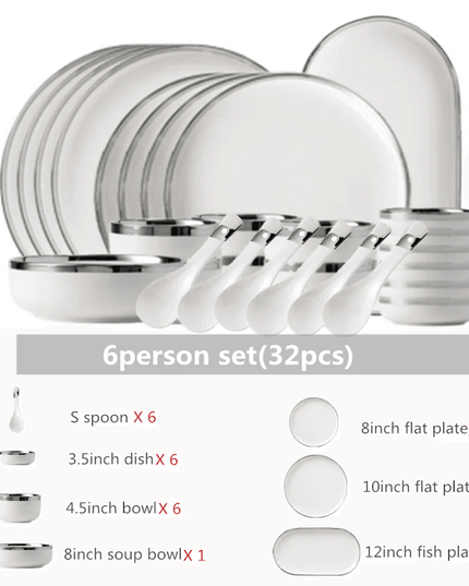 Sophisticated Elegance: White Ceramic Dinnerware Set with Silver Trim