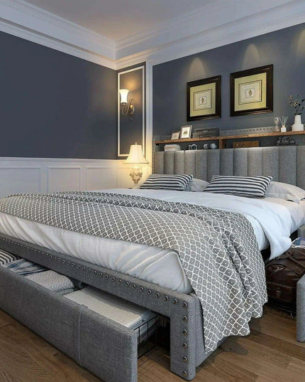 Queen Size Upholstered Bed Frame with Silent Support and Ample Storage Solutions