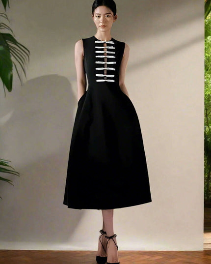 Elegant Sleeveless Women's Party Dress with Bow Accent and Cut-Out Waist - Solid Color Summer Fashion 2024