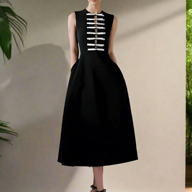 Elegant Sleeveless Women's Party Dress with Bow Accent and Cut-Out Waist - Solid Color Summer Fashion 2024