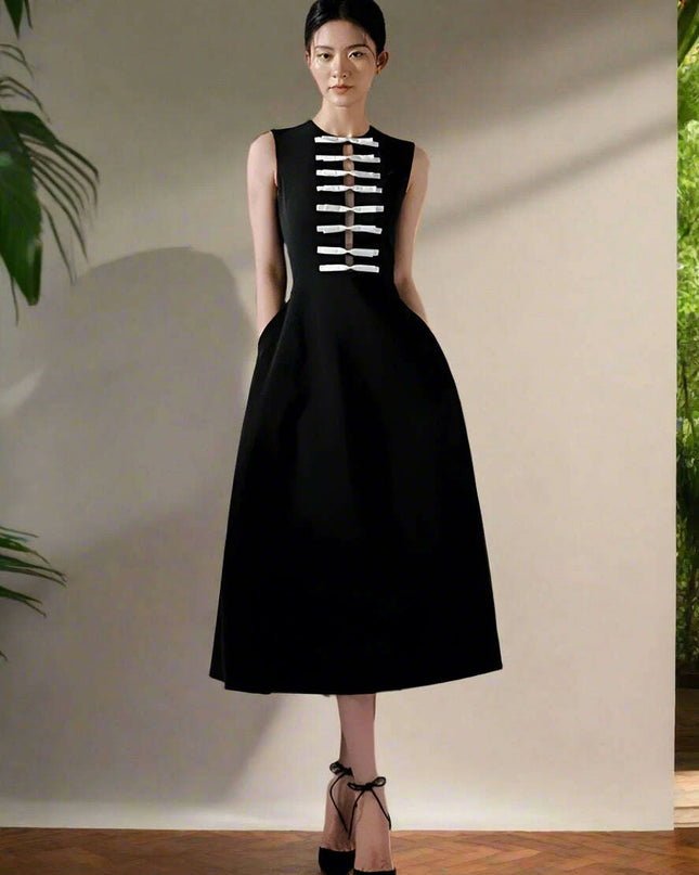 Elegant Sleeveless Women's Party Dress with Bow Accent and Cut-Out Waist - Solid Color Summer Fashion 2024