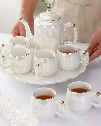 Sophisticated Pearl Ceramic Tea and Beverage Serving Collection with Coffee Pot and Cups