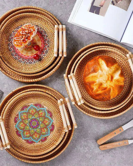Elegant Handwoven Rattan Serving Tray with Wooden Handles for Stylish Hosting