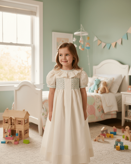 Elegant Handcrafted Cotton Dress for Girls with Lotus Leaf Collar and Adorable Puff Sleeves for Special Celebrations