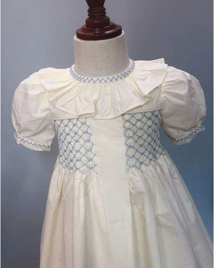 Elegant Handcrafted Cotton Dress for Girls with Lotus Leaf Collar and Adorable Puff Sleeves for Special Celebrations