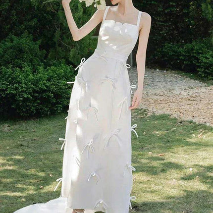 High Waist Solid Color Evening Gown with Charming Bowknot Detail