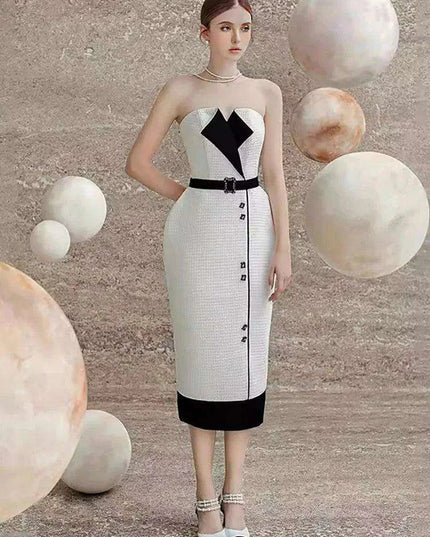 Elegant Strapless Jacquard Party Dress with Color Contrast Accents