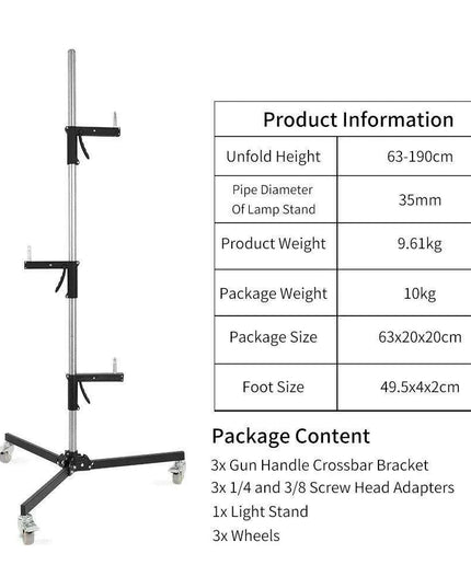 Adjustable Height Gun Grip Light Stand with Wheels and Tripod - LED Softbox Support