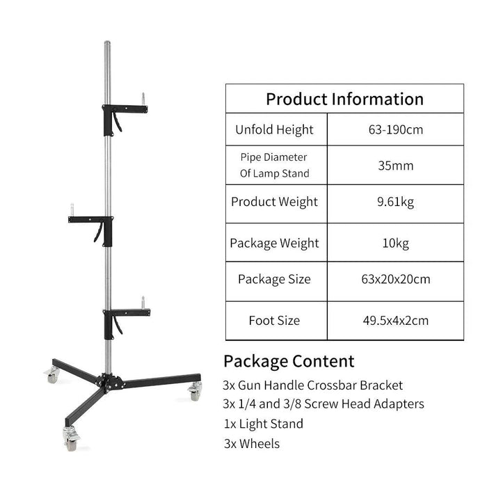 Adjustable Height Gun Grip Light Stand with Wheels and Tripod - LED Softbox Support