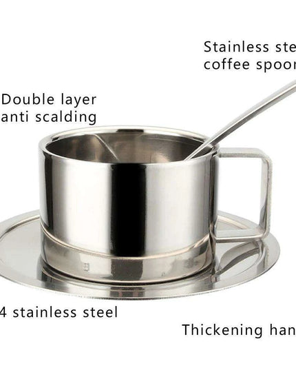 Elegant Double-Walled Stainless Steel Coffee Cup Set with Saucer and Spoon - Perfect Gift for Coffee Lovers
