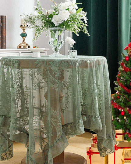 Chic Vintage Dark Green Floral Tulle Tablecloth with Ruffled Edges for Elegant Dining