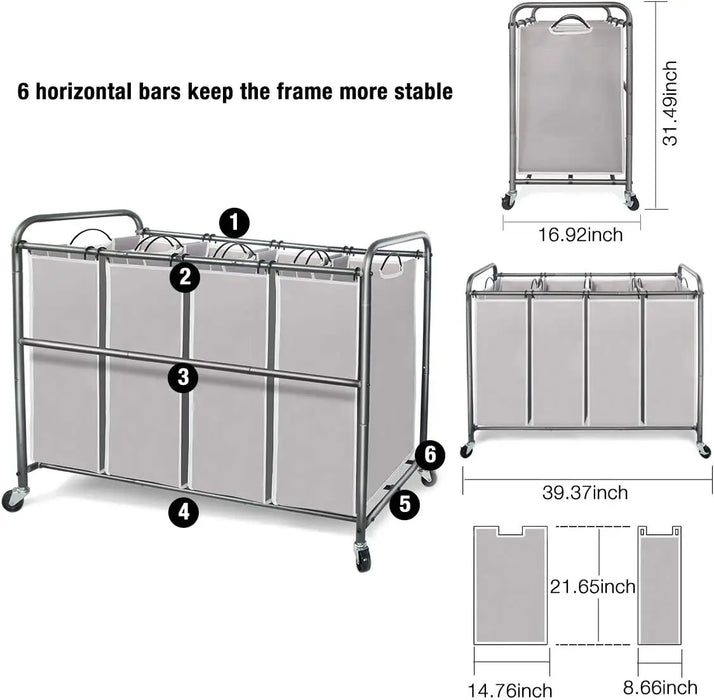 Laundry Cart 4-Bag Sorter with Wheels and Removable Bags