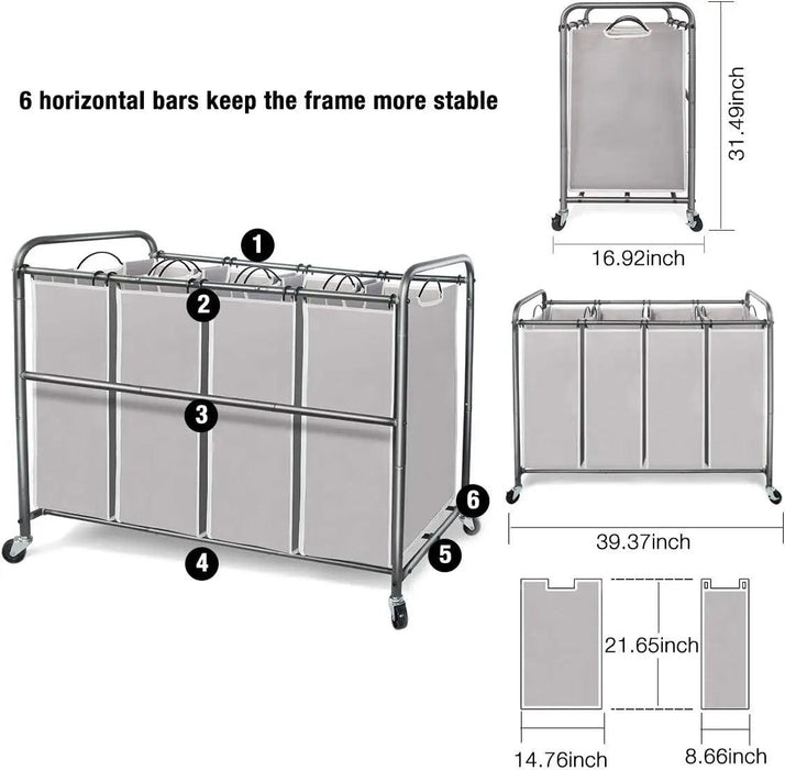 Laundry Cart 4-Bag Sorter with Wheels and Removable Bags