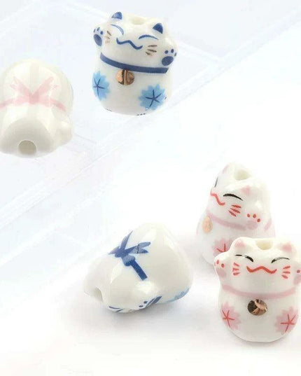 Whimsical Lucky Cat Ceramic Beads Set for Unique Jewelry Creations - 4 Pieces (13x14mm)