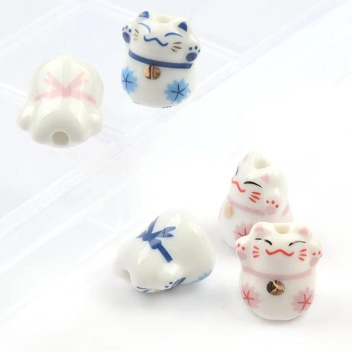 Whimsical Lucky Cat Ceramic Beads Set for Unique Jewelry Creations - 4 Pieces (13x14mm)