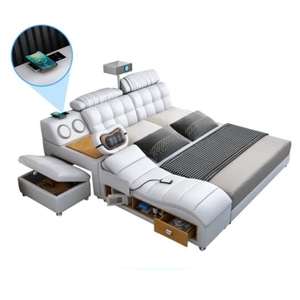 Leather Smart Bed with Built-In Massage, Overhead Projector & Underbed Storage
