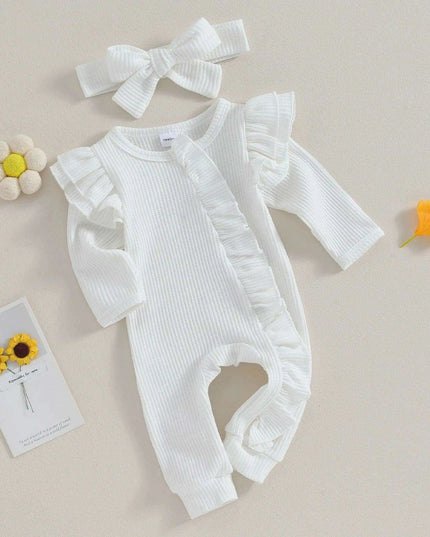 Autumn Ruffled Baby Girl Jumpsuit with Matching Bow Headband - Cozy Solid Color Romper for Newborns 0-12 Months