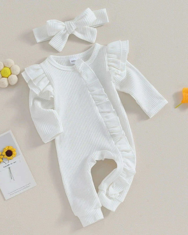 Autumn Ruffled Baby Girl Jumpsuit with Matching Bow Headband - Cozy Solid Color Romper for Newborns 0-12 Months