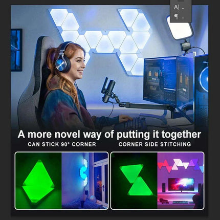 Colorful Geometric LED Triangle Wall Light with Music Sync & Customizable Ambiance - Ideal for Gaming and Relaxation Spaces