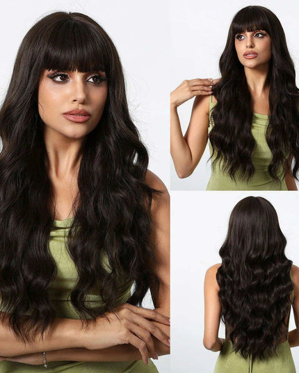 30-Inch Brown Wavy Synthetic Wig with Bangs - Perfect for Parties and Themed Events