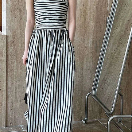 Elegant Black Striped Pleated Sleeveless Long Strap Dress for Women - Spring/Summer 2024 Fashion