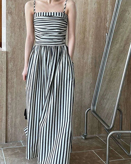 Elegant Black Striped Pleated Sleeveless Long Strap Dress for Women - Spring/Summer 2024 Fashion