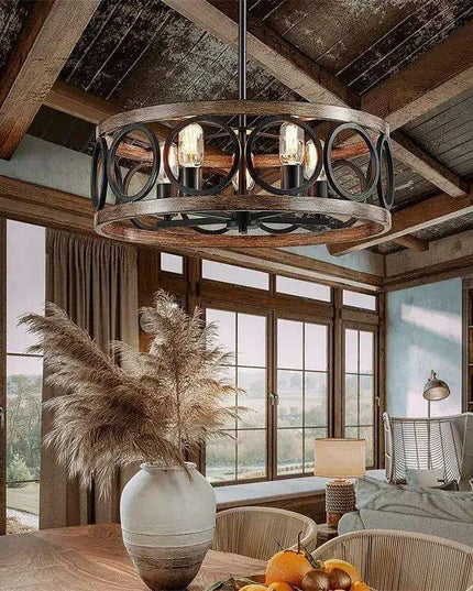 Rustic Farmhouse Circular Chandelier with Wood Grain Finish for Elegant Home and Restaurant Lighting