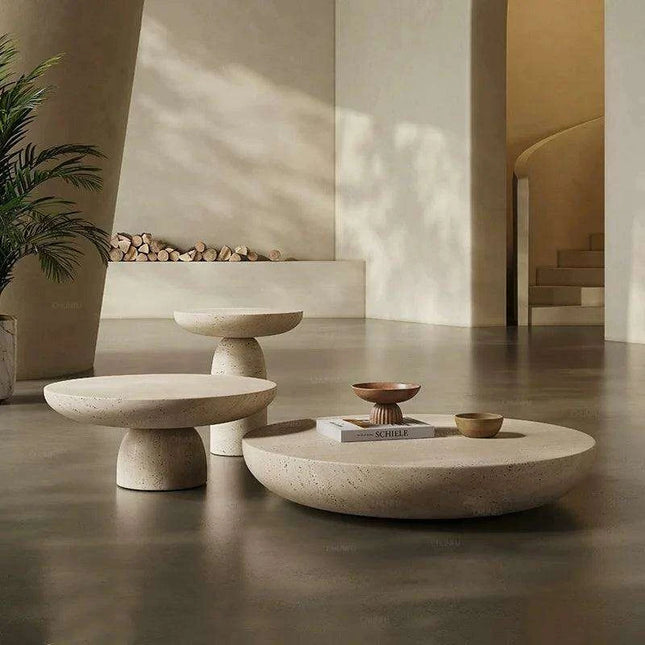 Sleek Grey Marble Nesting Coffee Table with Stylish Black Travertine Base for Contemporary Spaces