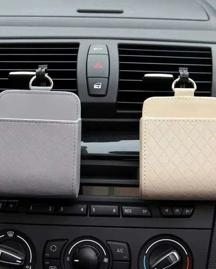 Sleek Black PU Leather Car Air Vent Organizer for Phone and Glasses