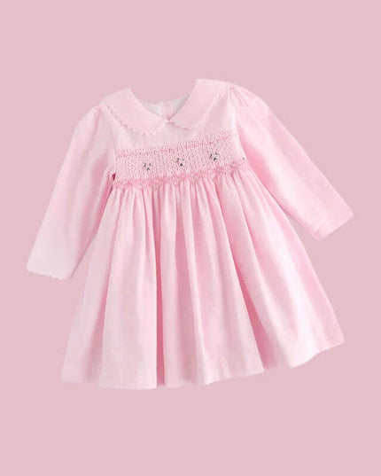 Girls' Enchanting Vintage Rose Long Sleeve Smocked Dress - Ideal for Fall Gatherings and New Year Celebrations 2024