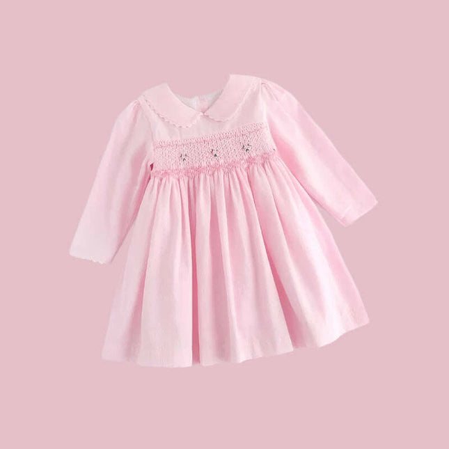 Girls' Enchanting Vintage Rose Long Sleeve Smocked Dress - Ideal for Fall Gatherings and New Year Celebrations 2024